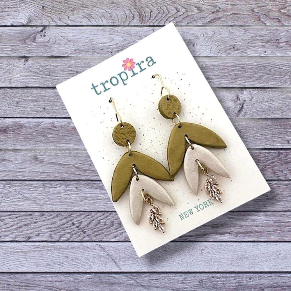 Artisan Textured Sparkly CZ Leaf Drop Polymer Clay Earrings